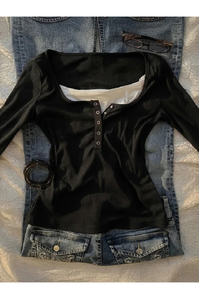 claine Henley Yaka Ekli Grunge Y2K Uzun Kollu Crop