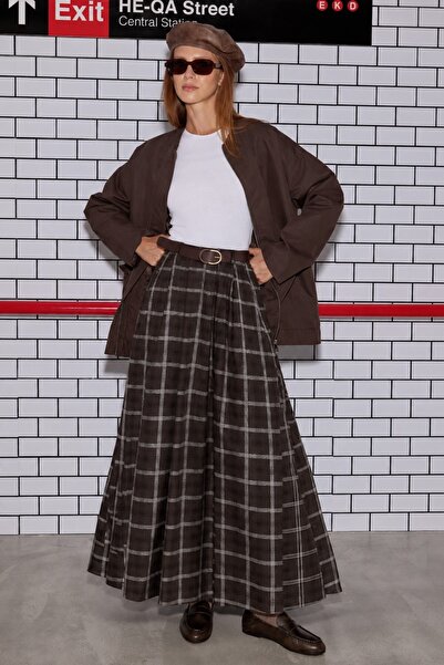 Madmext Brown Plaid Patterned Belted Pleated Women's Skirt Mg2925