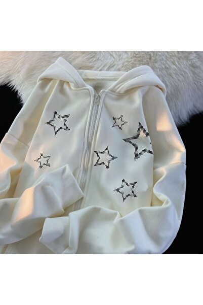 Vordevia Star Printed 3 Thread Zippered Cardigan with Ribbon Oversize