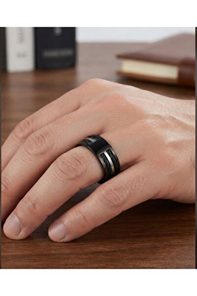 HOŞGÖR ACCESSORIES Men's Black Steel Ring