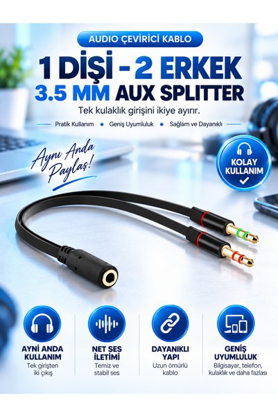 PEMBERTON 3.5mm Kulaklık Adaptörü / Kulaklık Y Splitter / Ses Dişi 2 Erkek Ja...