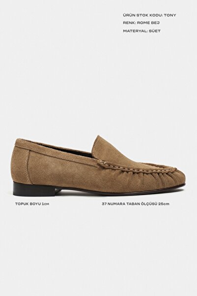 NİŞANTAŞI SHOES Tony Rome Bej Süet Deri Saraç Büzgü Detay Düz Taban Kadın Loafer