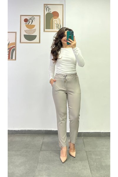bydenizcollection Lycra Trousers with Gold Button Detail on the Legs, Elastic Waist and Pockets
