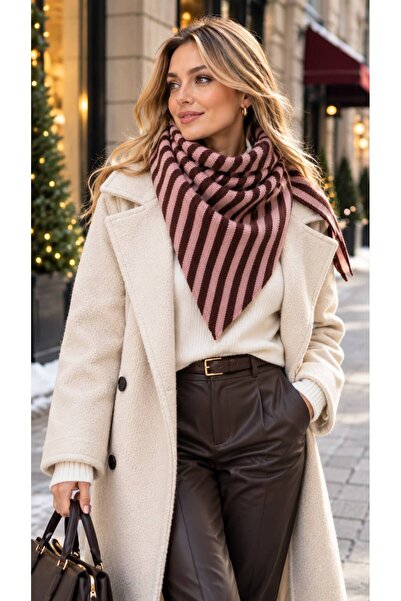 HAZAL KAYA ATELIER Pink-Brown Striped Triangle Shawl