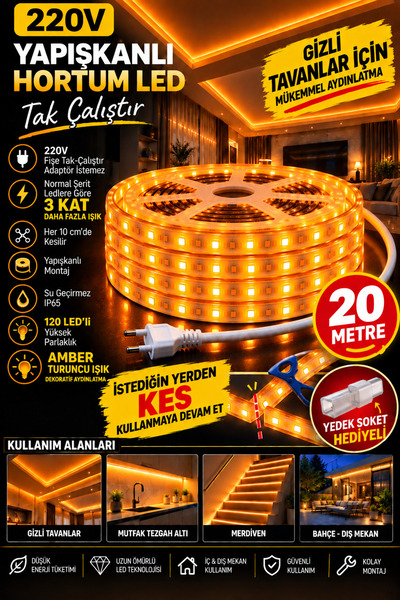 LED PAZARI 20 MT AMBER ŞERİT LED TAK ÇALIŞTIR MOTOR İSTEMEZ TRAFOSUZ ( istedi...