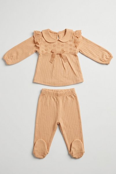 zumino Bowknot Detailed Ruffled Embroidered Top & Booties Bottom Baby Girl Set