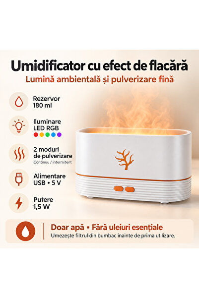 divendi-ro Umidificator de aer cu efect de flacără LED RGB, 180 ml, Alimentare USB, 2 moduri de pulverizare, Alb