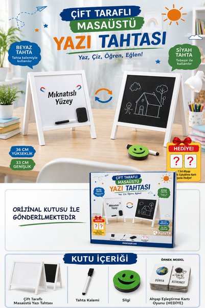 kutuTR Zekâ Kartlı Çift Taraflı Beyaz Masa Üstü Çocuk Yazı Tahtası Manyetik M...