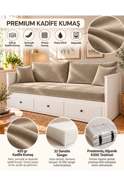 Minderra Açık Vizon Kadife Kumaş Divan Seti - İ KEA Hemnes, Brimnes, Flekke, Divan Uyumlu 20Cm 2 Parça 32Dns Süngerli Set | 80x200x10 - 2Adet