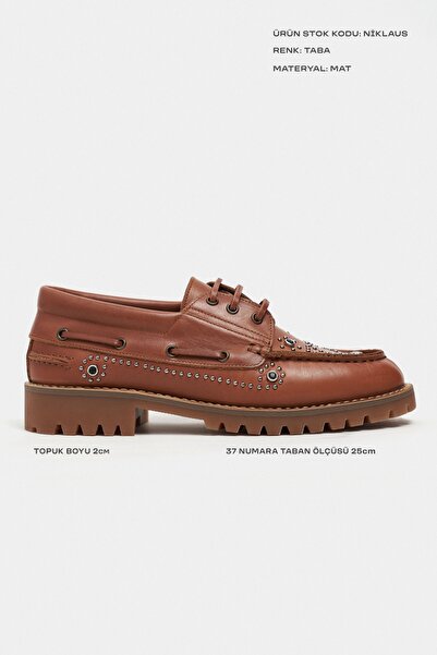 NİŞANTAŞI SHOES Niklaus Taba Hakiki Mat Deri Taş Detay Tırtıklı Kalın Taban Kadın Marin Loafer