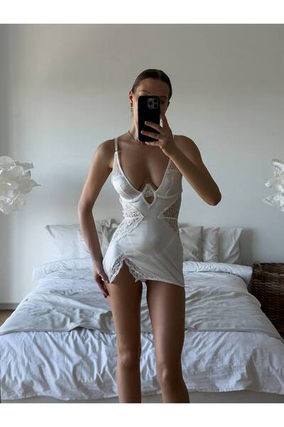 Dantelimsi Premium Beyaz Saten 2'li Elbise, Babydoll Takım