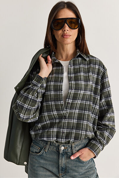 Bianco Lucci Women's Oversize Plaid Patterned Lumberjack Shirt Dg261035 60286552