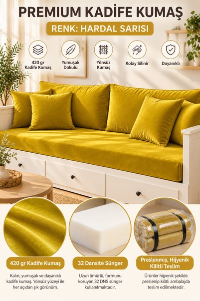 Minderra Hardal Sarısı Kadife Kumaş Divan Seti - İ KEA Hemnes, Brimnes, Flekk...