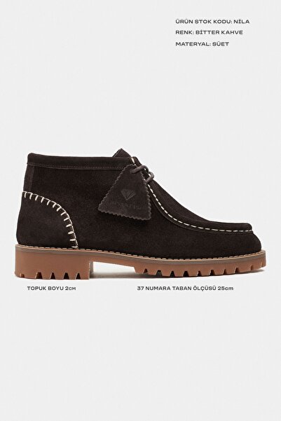 NİŞANTAŞI SHOES Nila Bitter Kahve Hakiki Süet Deri Bağcık Detay Tırtıklı Kalın Taban Kadın Bot