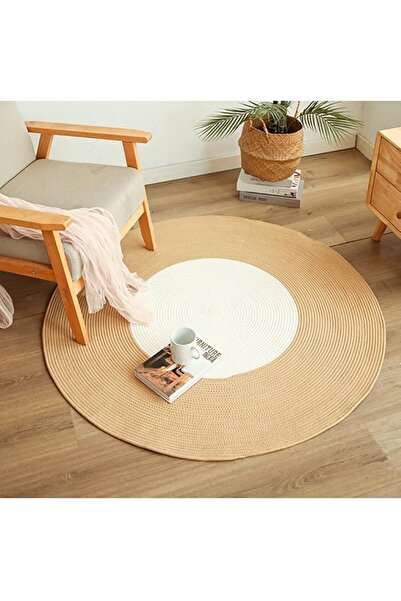 GENERAL Round Beige Cotton Yarn Carpet, Large Handmade Design Rug, Non-Slip, ...