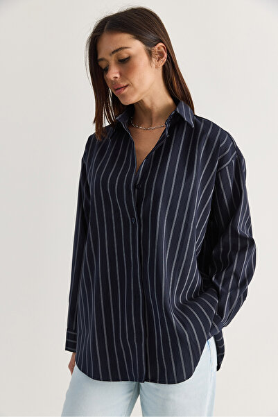 Bianco Lucci Women's Striped Flowy Relaxed Fit Long Sleeve Shirt 2165 60286582