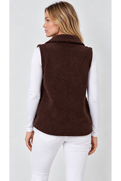 EtkiModa Vestă din fleece maro pentru femei, cu guler înalt și fermoar