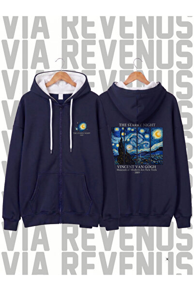 Vordevia The Starry Night - Van Gogh Printed Unisex Zippered Navy Blue Hooded...