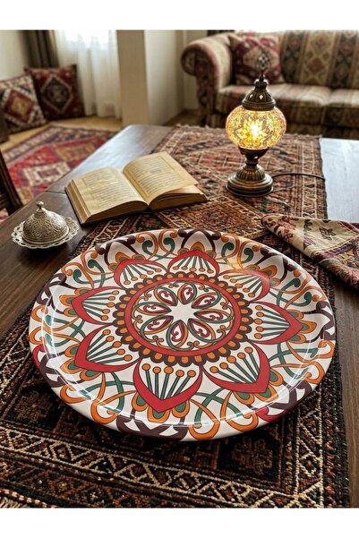 Dem Home 4 Pieces Round 30 cm Metal Coffee Presentation Tray Modern Ethnic Patterned Tea Coffee Serving Tray