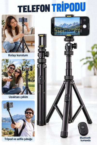 Asfal 180 cm Bluetooth Kumandalı Kamera ve Telefon Tripodu Katlanabilir Ayarl...