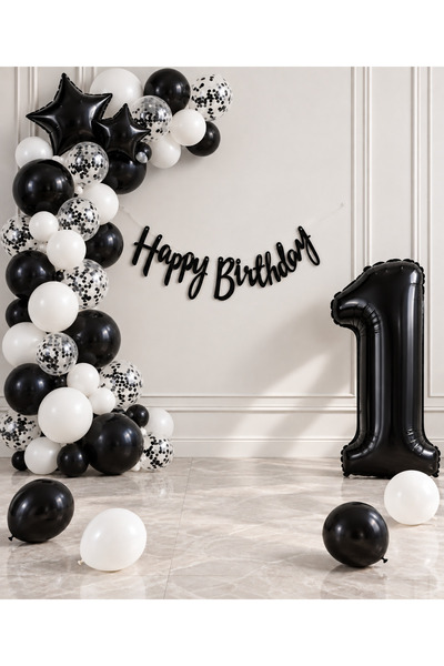 Doğasüs Siyah Beyaz Balon Zinciri Seti Rakam Balon Siyah Doğum Günü