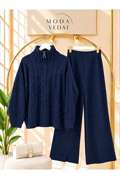 MODA VEDAT Women's Knitted Patterned Zippered Knitwear Set -0500