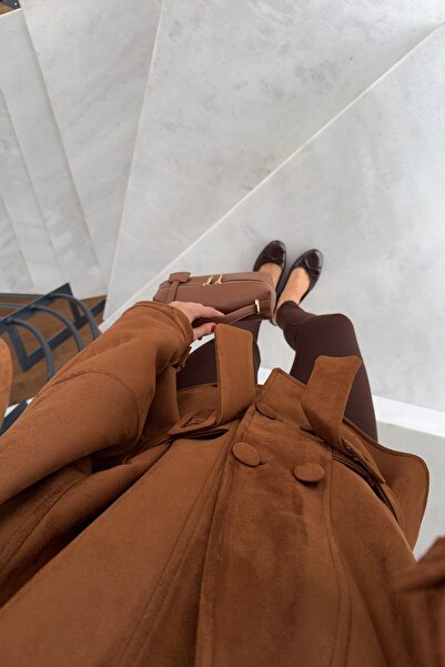HAZELANNA Tan Belted and Shawl Collar Suede Jacket