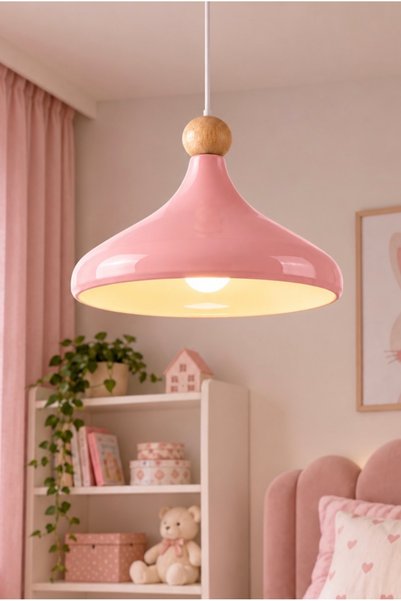 burenze Pinky Pembe Sarkıt Avize Çocuk Odası Avize Ahşap Küre Detay