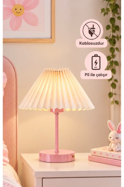 burenze Pink Abajur Pembe Gövde Umbrella Şapkalı Kablosuz Pilli Abajur