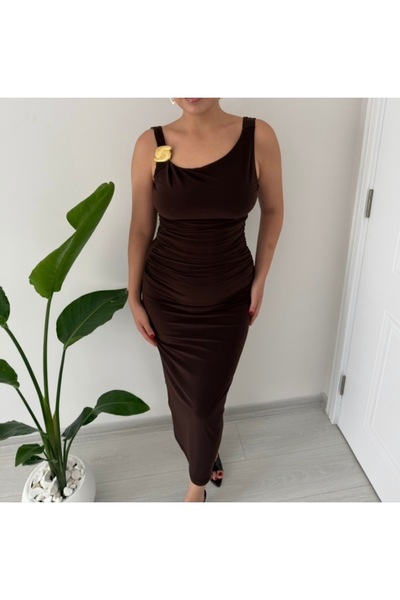 Gold Tokalı Midi Elbise