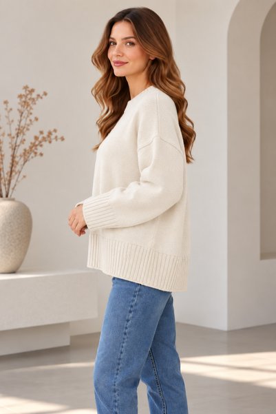 SERAPA Women's Large Size Loose Sweater 10% Wool Crew Neck Oversize Knitwear Sweater Standard Size 42-48 Compatible
