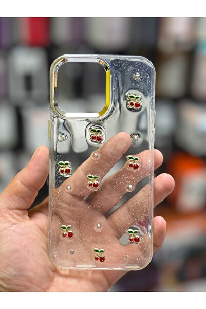 iPhone 14 Pro Max Uyumlu Şeffaf Kiraz Desenli Taşlı Simli Telefon Kılıfı