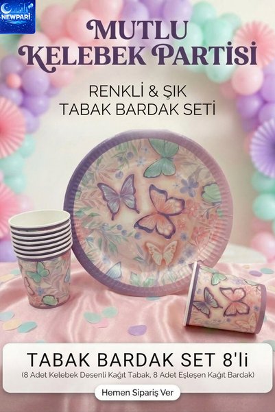 NEWPARİ Kelebek Temalı Tabak Bardak Doğum Günü Parti Seti (8 Kişilik) - 8 Tab...