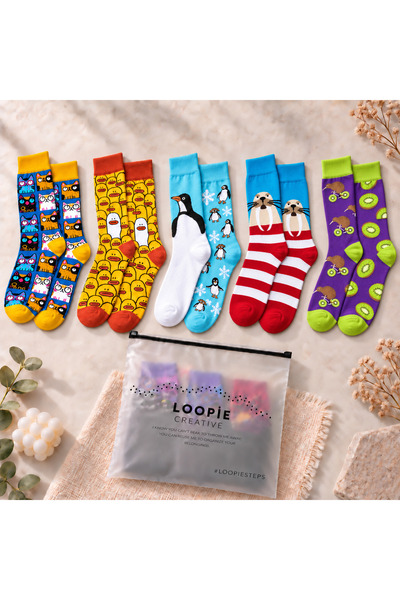 Loopie Socks 5'li Hayvanlar Temalı Çorap Seti - İsme Özel Şerit - Hediye Çanta