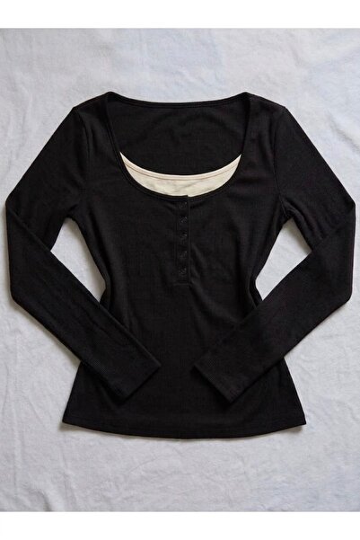 Köstebek Henley Collar Snap Fastener Plain Basic Long Sleeve Blouse