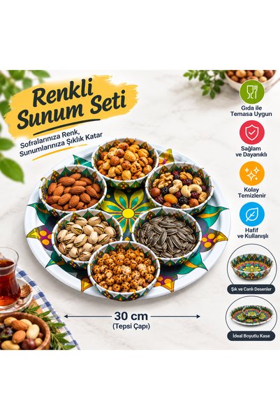 5DM Otantik Desenli 6 Parça Sunum Seti 5 Adet Çerezlik, Sosluk - 1 adet Oval Sunum Tepsisi