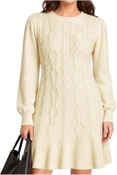 GENERAL VIMPUNEC Women Cable Knit Sweater Dress Puff Sleeve Mini Dress