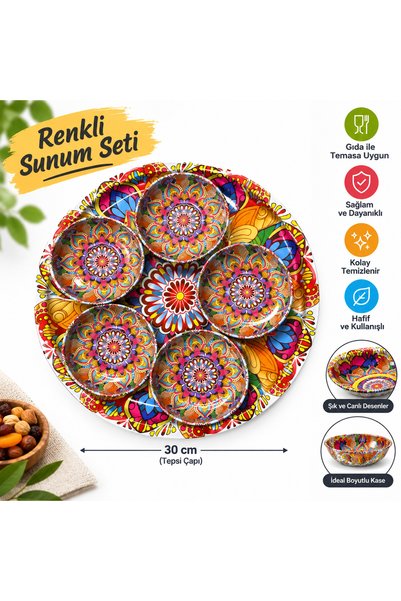 5DM Otantik Desenli 6 Parça Sunum Seti 5 Adet Çerezlik, Sosluk - 1 adet Oval Sunum Tepsisi