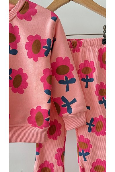 Magu Kız Çocuk Pamuklu Çiçek Desenli Pembe Sweatshirt ve Tayt Takımı