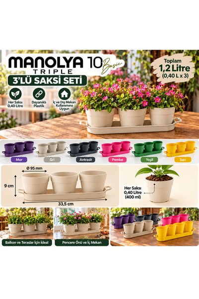 Poliwork Manolya 10 Triple 3’lü Saksı Seti 0,40 Litre x3 Tabaklı Mini Saksı 3...