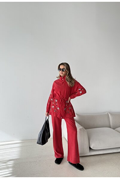 MİA NOURA Women's Front Sleeves with Bead Embroidery Tansel Fabric Bambir Cek...