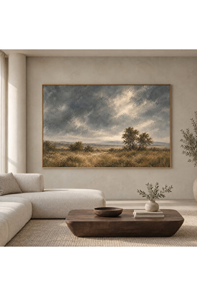 Rüzgârlı Ova Bulutlu Ağaç ve Kır Manzaralı Kanvas Baskı Tablo 50x70 cm
