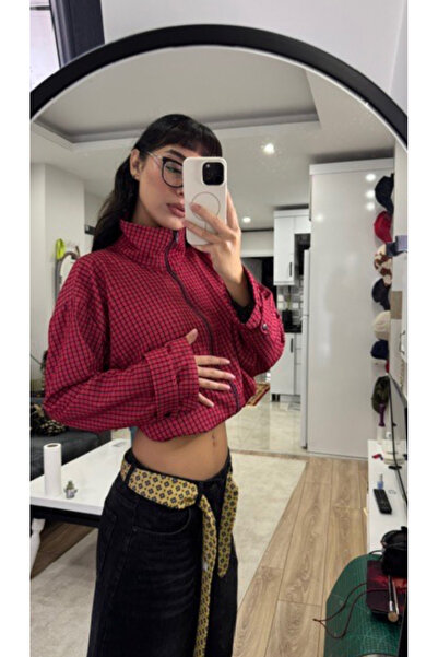 DEEFWEAR Μπουφάν Bomber με φερμουάρ σε μπορντό καρό σχέδιο, oversized