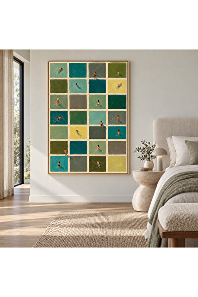 Yazın Kareleri Renkli Yüzücü Figürlü Geometrik Kanvas Baskı Tablo 35x50 cm