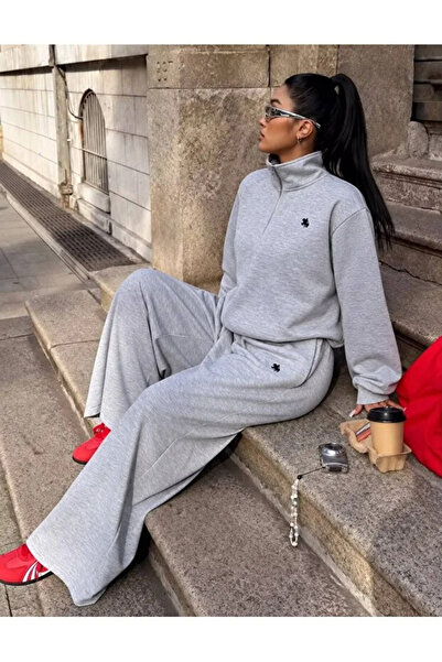 Harmandar Gray Printed Half-Zipper High-Neck Comfortable Fit Wide-Leg Sweatpa...