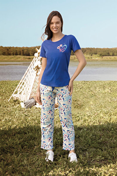 Doreanse Women's Blue Floral Pattern T-Shirt Pajama Set 4253