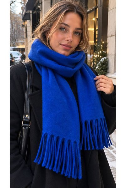 HAZAL KAYA ATELIER Saks Blue Lux Puff Tasseled Soft Textured Thick Women's Shawl