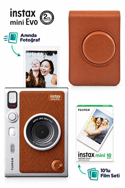 Kahverengi Fotoğraf Makinesi ve Hediye Seti 3 Şipşak Fotoğraf Makinesi Instax Mini Evo