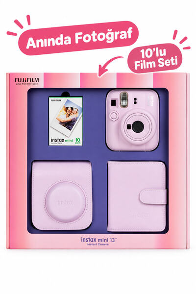 Fujifilm Pembe Fotoğraf Makinesi 10'lu Film Kare Albüm ve Deri Kılıf Bundle Box Instax mini 13