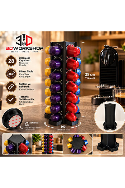 Nespresso Original Uyumlu Döner Kapsül Standı 28 Kapsül Kapasiteli 360° Dönen Organizer – Siyah